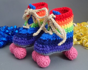 Crochet Rainbow Roller Skate Booties: Retro Baby Shoes 3.5" Sole