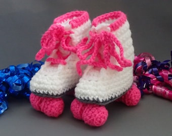 Crochet Roller Skate Booties, White and Bold Pink, Newborn Baby Shoes