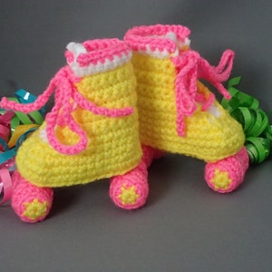 Yellow and Pretty ‘n Pink Newborn Baby Roller Derby Booties,  Yellow Wheel Hub, 3.5" Sole, Retro Baby Skates, Infant Shoes, Free Shipping