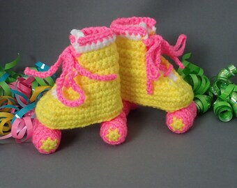 Crochet Baby Roller Skate Booties: Yellow & Pink Newborn Shoes