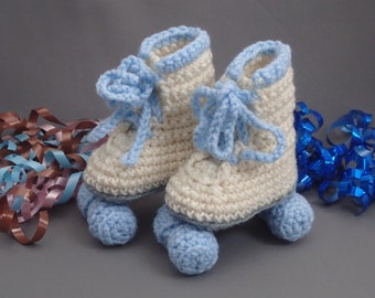 Crocheted Roller Skate Booties: Cream & Blue Baby Shoes
