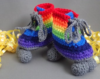 Crocheted Rainbow Roller Skate Booties, Newborn Baby Gift