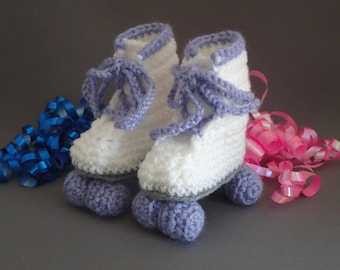 Crochet Roller Skate Booties: White & Lavender Baby Shoes