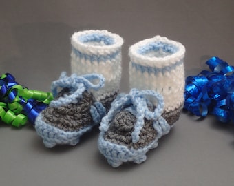 Crochet Baby Soccer Booties: Light Blue and Gray Newborn Shoes