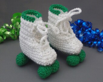 Crochet Newborn Roller Skate Booties, White & Green, Baby Photo Prop