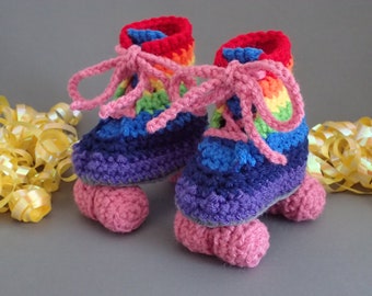 Rainbow and Light Raspberry Baby Roller Derby Skate Booties, 3.5" Soles, Retro Baby Skates, Soft Infant Shoes, Crochet Shoes, Free Shipping