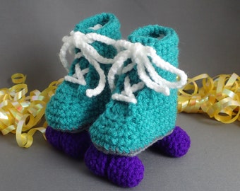 Crochet Baby Bootie Skates: Jade Green, Purple Wheels, Newborn Gift
