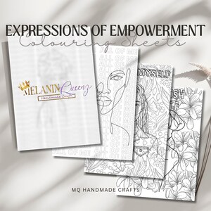 Op de afbeelding: Vier zwart-witte kleurplaten met empowerende boodschappen. De pagina's bevatten lijnkunst van een vrouwen gezicht, bloemmotieven en de tekst "All of Me" en "I Am Myself".