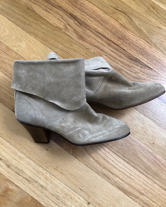 Vintage tan suede booties with 2 inch heel - image 1