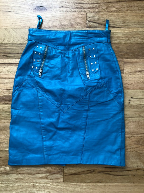 VIntage 1980s Turquoise Leather  mini skirt XS - image 1