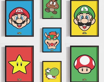 以下が含まれることがあります： スーパーマリオのビデオゲームシリーズのキャラクターとシンボルが描かれた、額装された7つのアートプリント。 マリオ、ルイージ、クッパ、クリボー、ヨッシー、スーパースター、スーパーキノコが、それぞれカラフルな背景に描かれています。