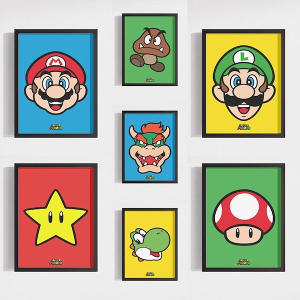 May include: Seven framed art prints featuring characters and symbols from the Super Mario video game series. The prints include Mario, Luigi, Bowser, a Goomba, a Yoshi, a Super Star, and a Super Mushroom, each set against a colorful background.