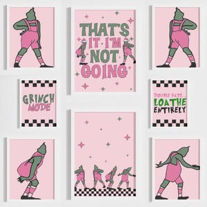 Set of 9 Pink Grinch Christmas Character Printable Posters Room Decor Grinchmas Movie Quote Prints Xmas Gift Wall Display Xmas Digital Art