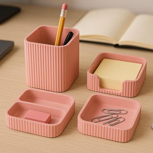 Modular Desk Organizer Set – 3D Printed Office Storage – Pen Holder, Catchall Tray & Note Holder – Minimalist Workspace Organizer