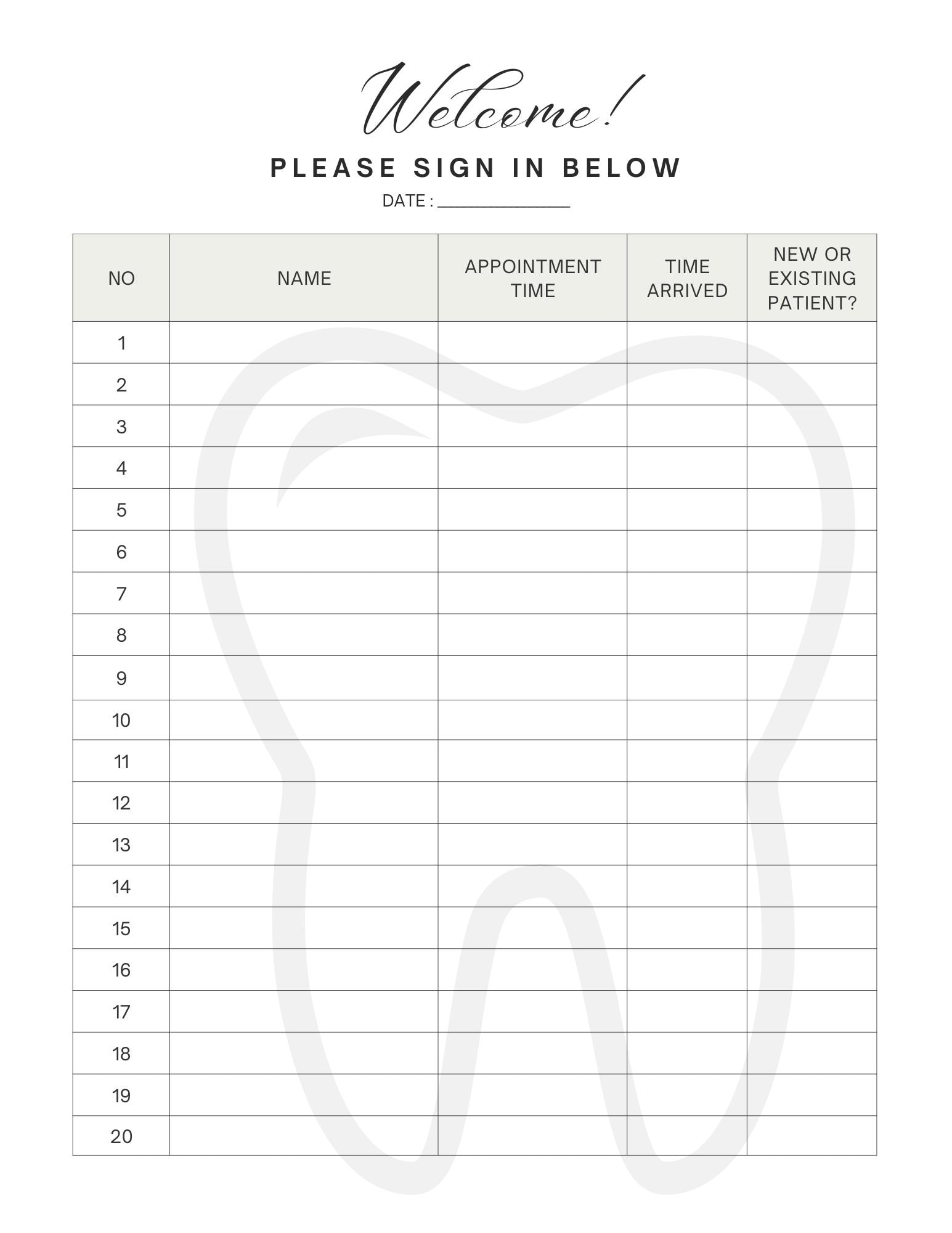 Digital Dental Sign-in Sheet - Etsy