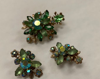 Vintage Green rhinestone brooch and chip earrings