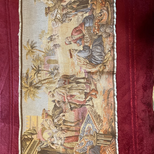 Vintage Belgian tapestry rug maker scene in Egypt or Middle East 37” x 18 1/2”