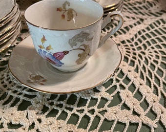 Vintage tea set 6 cups and saucers and dessert plates morning glory handpainted Barock