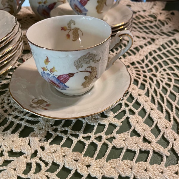 Vintage tea set 6 cups and saucers and dessert plates morning glory handpainted Barock