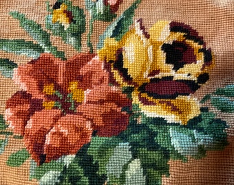 Vintage needlepoint  roses, yellow peach for pillow cover or footstool stool