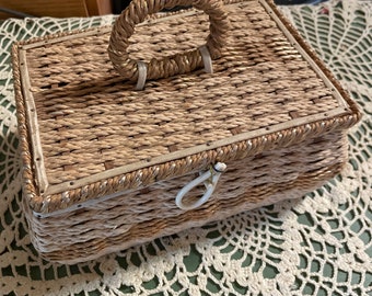 Vintage Japan, sewing box basket, weaved, rope, 8 x 6 vintage