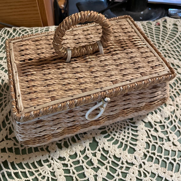 Vintage Japan, sewing box basket, weaved, rope, 8 x 6 vintage