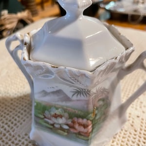 German Antique Floral Sugar Bowl with Lid Waterlilies Handpanted