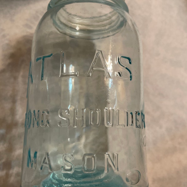 Antique Atlas, strong shoulder, mason jar, aqua cour jar