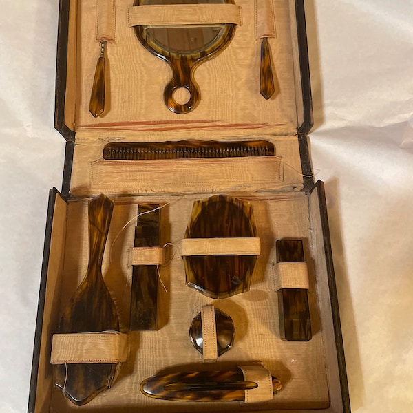 Antique tortoise vanity set 10 pieces in original box