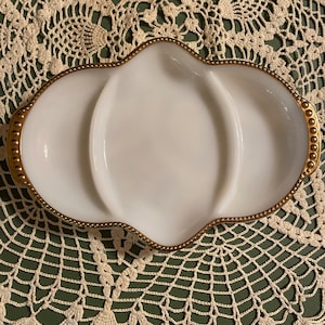 Antique fire, king anchor, hocking, milk, glass, 11 inch gold, trimmed relish dish
