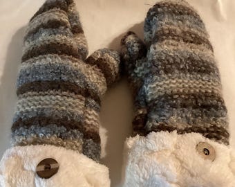 Handmade Recycled Wool Striped Winter Mittens, Fleece Cuff