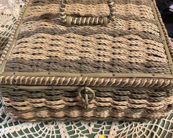 Vintage Japanese braided rope, sewing box, green, and beige, 10” x 8”