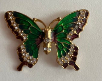 Vintage butterfly rhinestone green and purple enamel brooch gold tone setting
