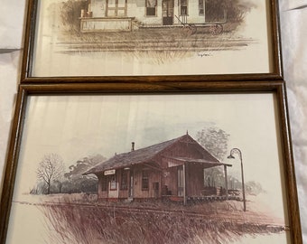 Vintage Railroad Depot Framed Litho Prints Signed   Set of 2 Ruby Nappi