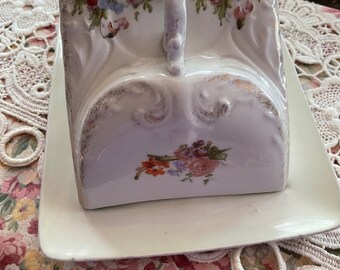 Vintage Covered Cheese Serving Dish  Germany Floral Pansies Antique