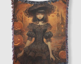 Gothic Witch Halloween Woven Blanket, Spooky Season Home Decor, Horror Lover Gift