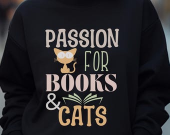 Book & Cat Lover Sweatshirt, Book Club Sweater, Bookworm Apparel, Pet Parent Pullover, Reading Gift