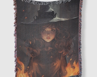 Witchy Portrait Woven Blanket, Halloween Witch Throw, Mystical Home Decor, Spooky Season Decor