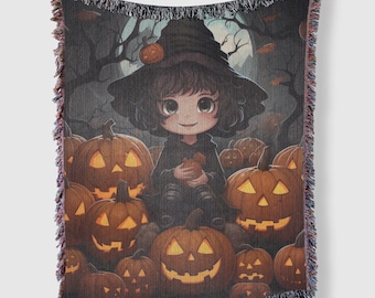 Halloween Pumpkin Woven Blanket, Fall Witch Sofa Throw, Spooky Season Gift, Witchy Home Decor