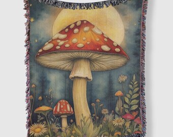 Moonlit Mushroom Home Decor, Forest Lover Gift, Reading Nook Woven Blanket, Fantasy Throw