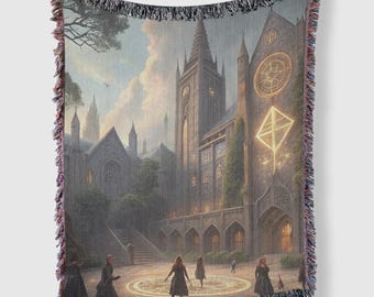 Wizard School Woven Blanket, Fantasy Lover Birthday Gift, Magical Castle Sofa Throw, Gothic Decor