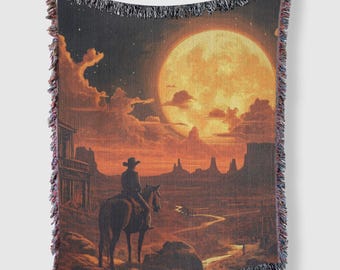 Cowboy Sunset Woven Blanket, Western Farmhouse Decor, Wild West Throw Blanket, Ranch owner gift