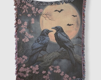 Gothic Ravens Woven Blanket, Halloween Sofa Throw, Witchy Wall Decor, Spooky Season Lover Gift