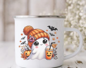 Ghost Enamel Mug, Halloween Coffee Cup, Spooky Season Gift, Fall Stainless Steele Drinkware