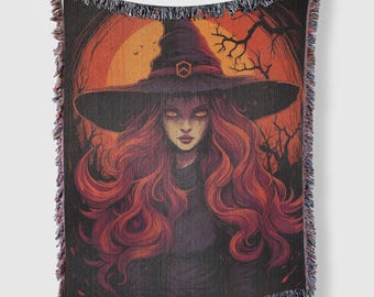 Witch Woven Blanket, Spooky Gothic Halloween Decor, Mystery Themed Throw, Gift for Fantasy lover