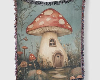 Mushroom House Woven Blanket, Cottagecore Fairy Tale Throw, Fantasy Home Decor, Enchanted Reading Gift