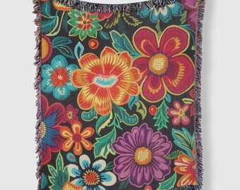 Folk Art Flower Woven Blanket, Mexican Style Sofa Throw, Floral Home Decor, Birthday Gift
