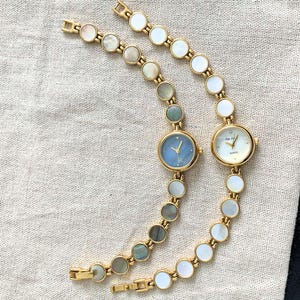 Dainty Mother of Pearl Watch, Gold Bracelet Watch, Vintage Round Face, Elegant Ladies Watch, MOP Inlay, Anniversary Gift for Her
