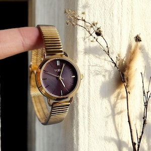 Vintage Gold Watch | Burgundy Enamel Dial | Stretch Bracelet Watch | Dainty Gold Watch | Trendy Watch Bracelet | Watch For Wife