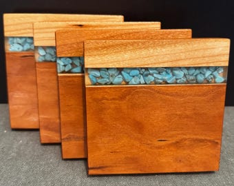 Cherry Wood Turquoise Coaster Set of 4